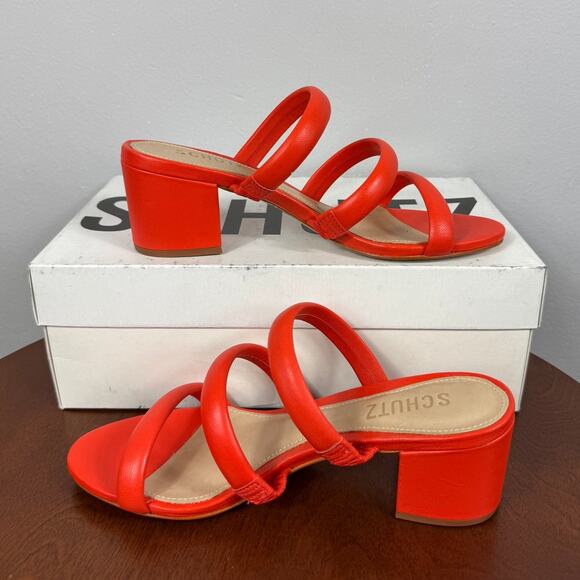 New Schutz Olly Mid Block Nappa Leather Sandal Bright Orange Size 6.5B - Picture 5 of 9